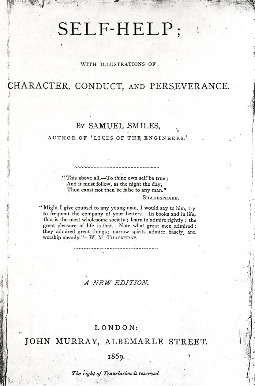 Strona tytułowa samopomocy; z ilustracjami charakteru, postępowania i wytrwałości Samuela Smilesa, opublikowanym w 1869 r. (papier drukowany) autorstwa English School