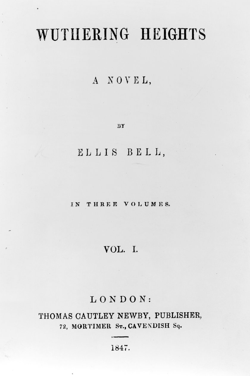 Strona tytułowa pierwszego wydania Wichrowych Wzgórz Ellisa Bella (pseudonim Emily Bronte), opublikowanego w 1847 r. (papier drukowany) autorstwa English School