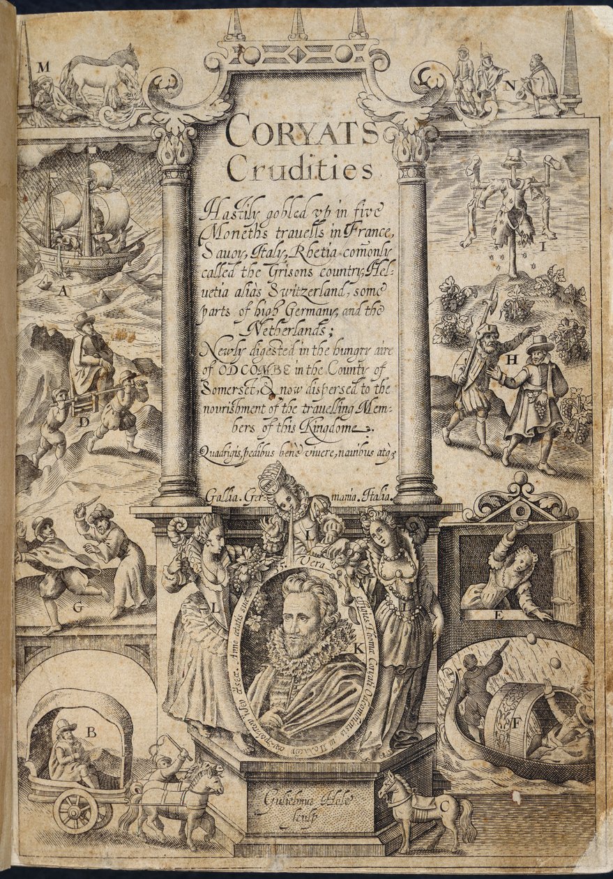 Strona tytułowa z „Coryats Crudities Pospiesznie połknięty wiceprezes w pięciu Moneth trauells…” Thomasa Coryata autorstwa English School