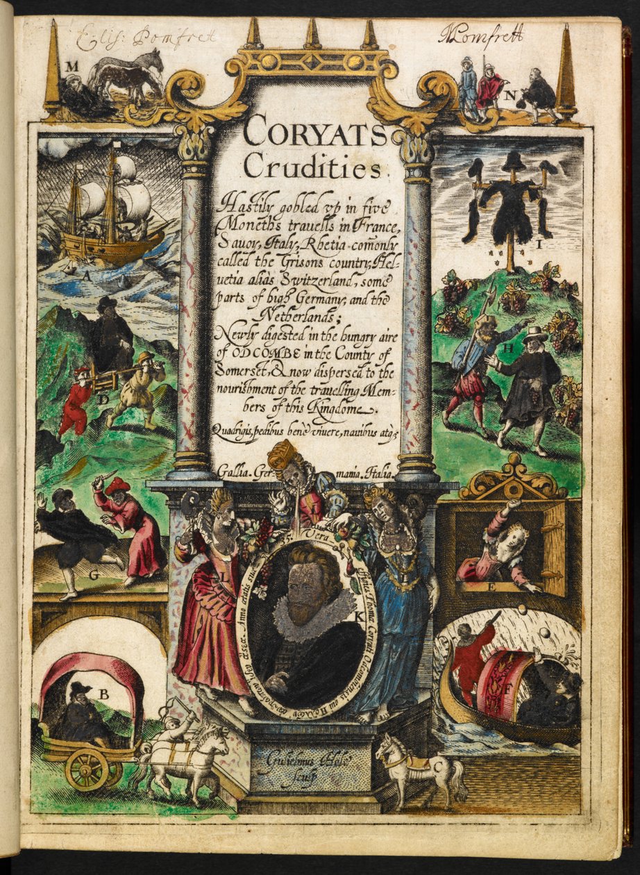 Strona tytułowa z „Coryats Crudities Pospiesznie połknięty wiceprezes w pięciu Moneth trauells…” Thomasa Coryata autorstwa English School