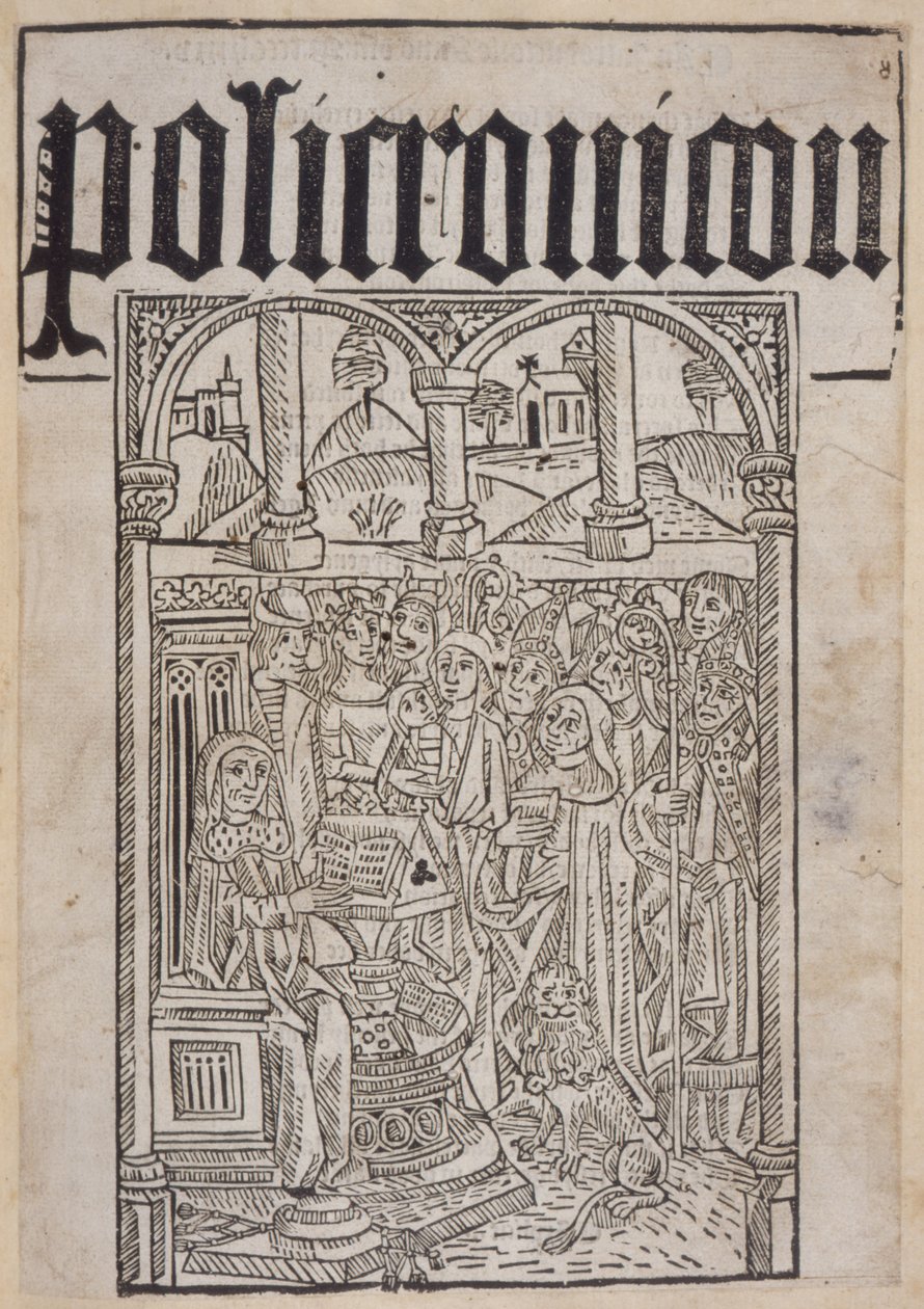 Strona tytułowa z Polychronicon autorstwa Ranulfa Higdena (zm. 1364) wydrukowanego przez Wynkyn de Worde, 1495 autorstwa English School