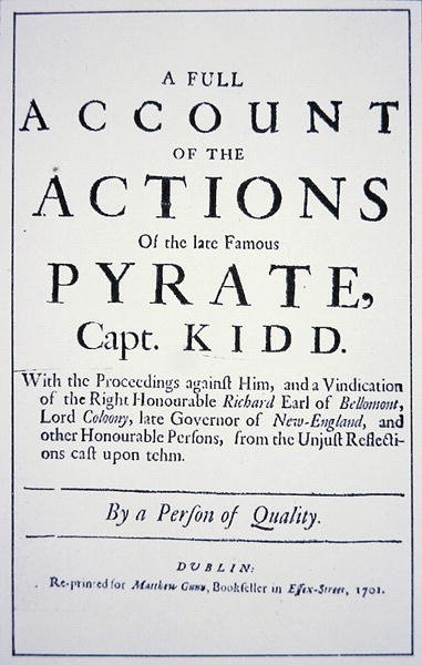 Strona tytułowa życia kapitana piratów Williama Kidda, opublikowana w Londynie w 1701 r. (lito) autorstwa English School
