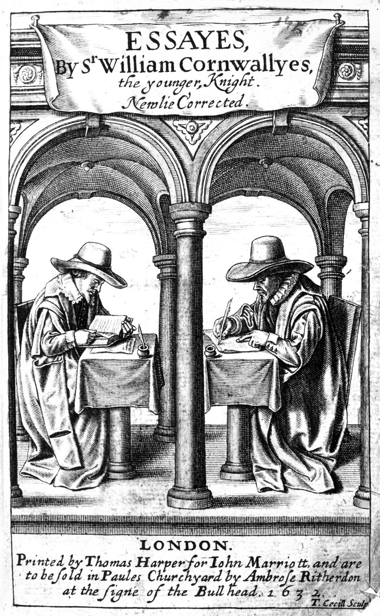 Strona tytułowa do esejów Sir Williama Cornwallisa, druk wykonany przez Thomasa Cecilla, opublikowany 1632 autorstwa English School