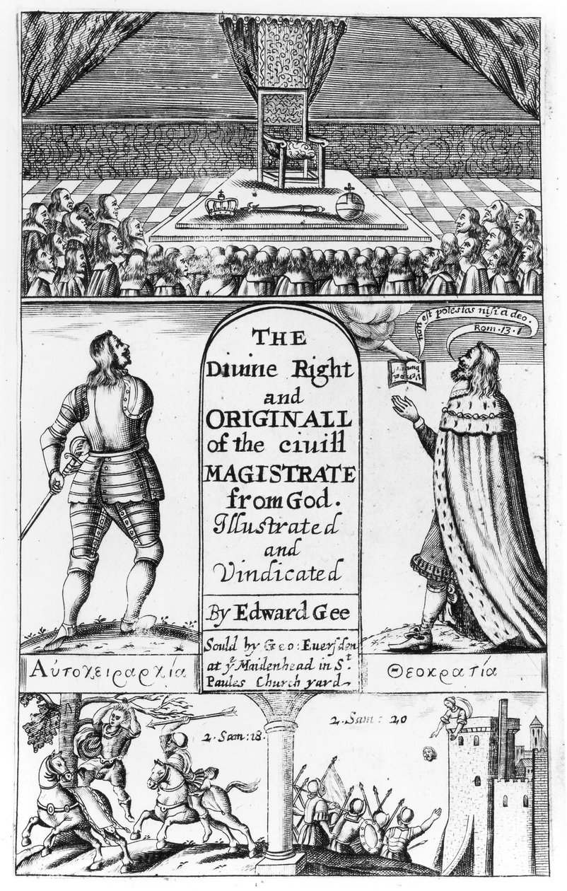 Strona tytułowa do Boskiego prawa i oryginału magistratu cywilnego od Boga, rytowana przez Edwarda Gee, 1658 autorstwa English School