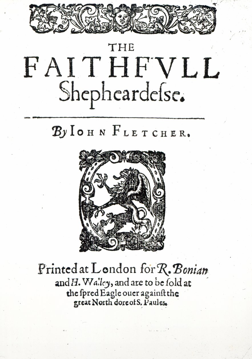 Strona tytułowa do Wiernej pasterki Johna Fletchera, c.1609 (druk) autorstwa English School