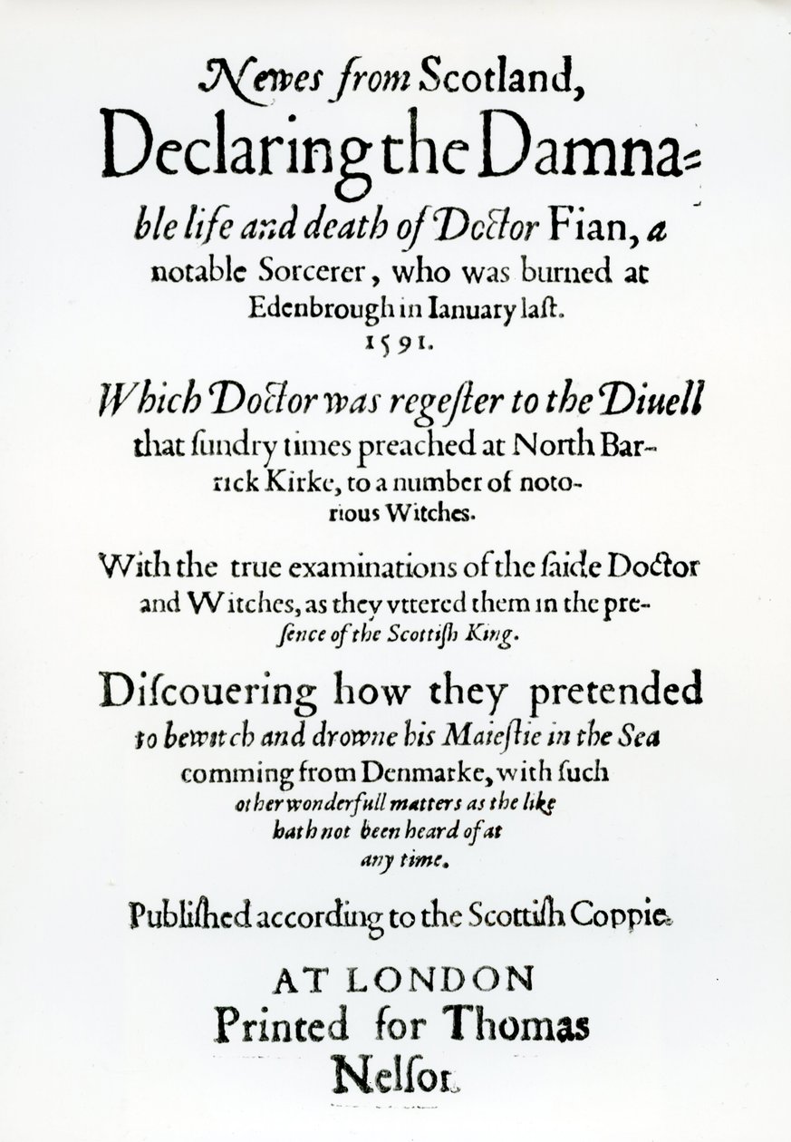 Strona tytułowa Wiadomości ze Szkocji, Declaring the Damnable life and death of Dr Fian, 1591 autorstwa English School
