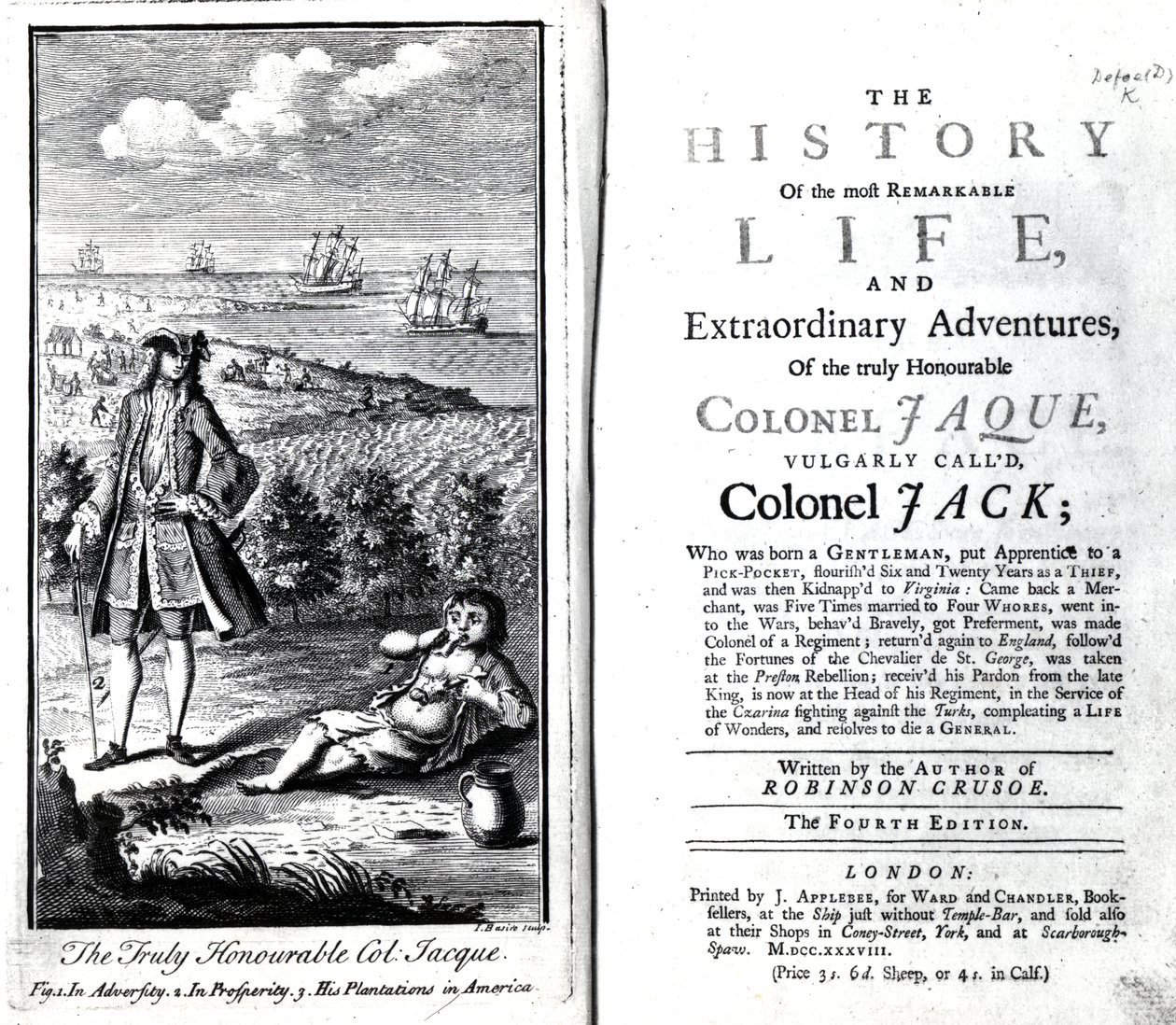 Strona tytułowa i frontyspis do Historii najbardziej niezwykłego życia i niezwykłych przygód prawdziwie czcigodnego pułkownika Jaque autorstwa Daniela Defoe, 1738 autorstwa English School