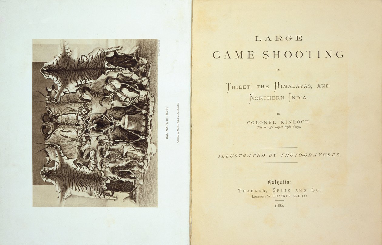 Strona tytułowa i frontyspis Large Game Shooting w Tybecie, Himalajach i północnych Indiach pułkownika Alexandra Kinlocha, opublikowany w 1885 r. autorstwa English School