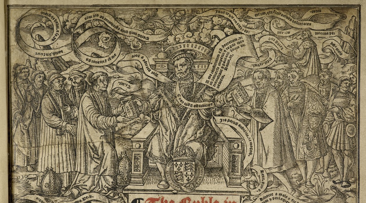Szczegóły na stronie tytułowej przedstawiające „Króla Henryka VIII na tronie”, z „Wielkiej Biblii”, ok. 1541 (drzewryt) autorstwa English School