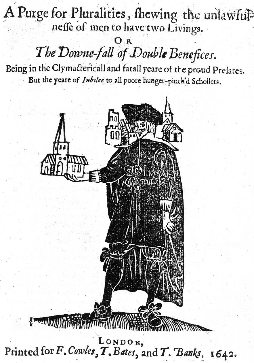 Strona tytułowa A Purge for Pluralities wydrukowana dla F. Cowlesa, T. Batesa i T. Banksa, 1642 autorstwa English School