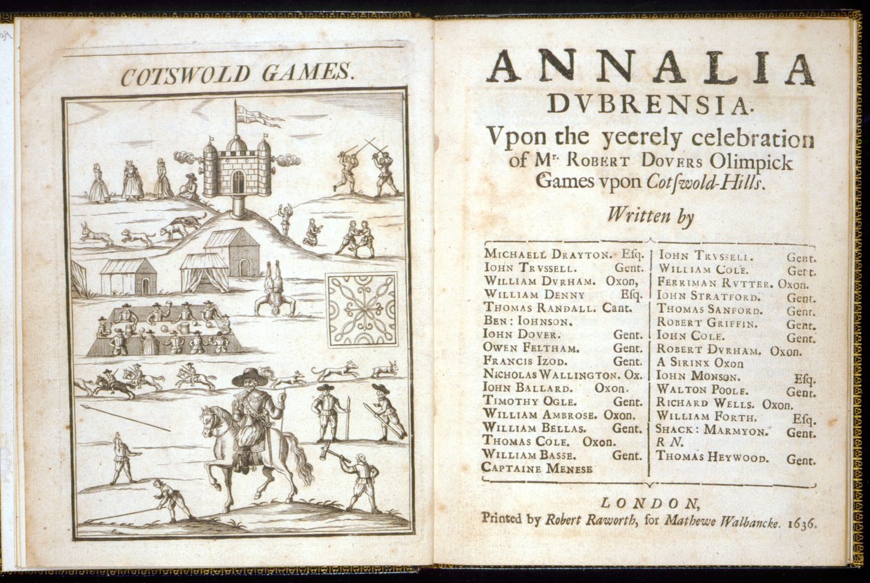 Strona tytułowa dla Annalia Dubrensia: W czasie uroczystych obchodów Igrzysk Olimpijskich Roberta Doversa na Cotswold Hills, 1636 autorstwa English School