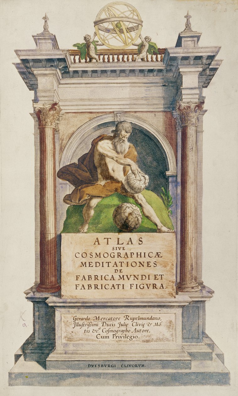 Strona tytułowa z Mercators Atlas sive Cosmographicae Meditationes de fabrica mundi et fabricati figura, 1595 (kolor grawerowany) autorstwa English School