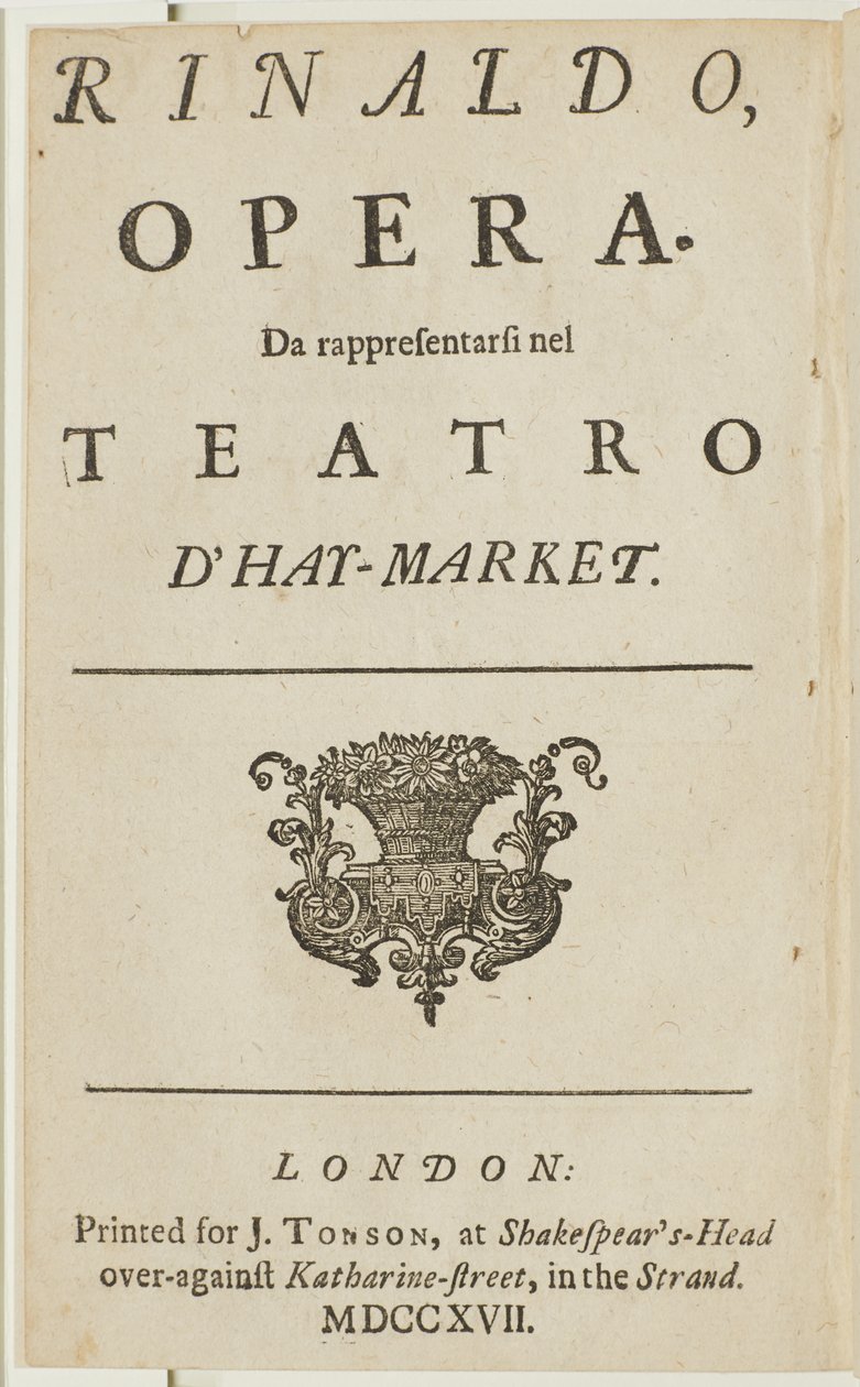 Strona tytułowa z libretta opery Haendla „Rinaldo”, Giacomo Rossi, 1717 autorstwa English School