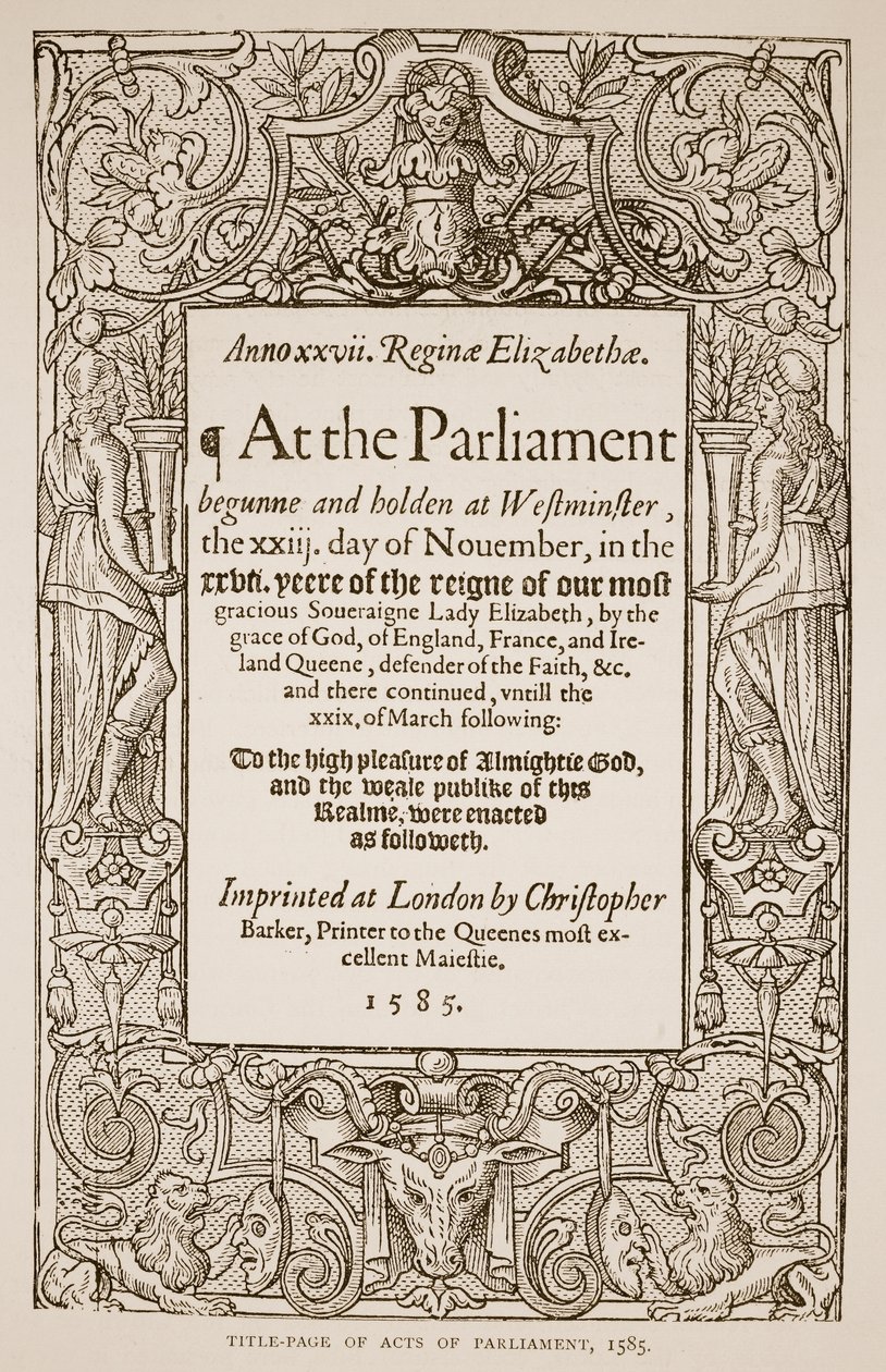 Strona tytułowa Akt sejmowych, druk Christopher Barker (1528-99), 1585 (zdjęcie w sepii) autorstwa English School