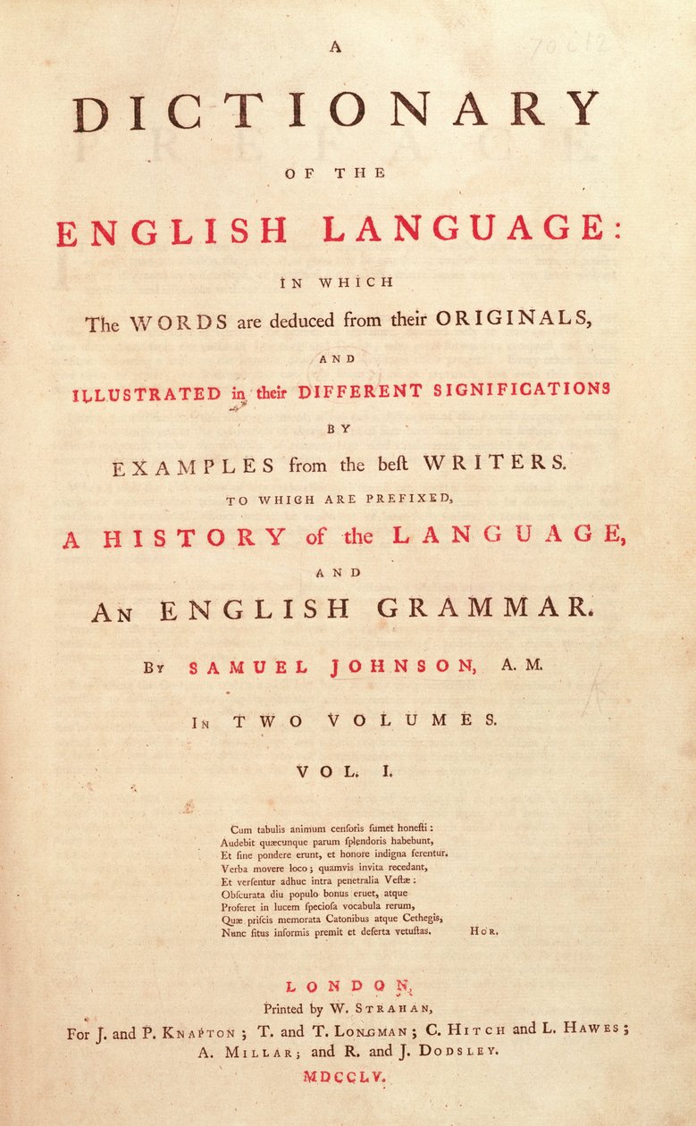 Strona tytułowa Johnsons Dictionary of the Human Language Londyn, 1755 autorstwa English School