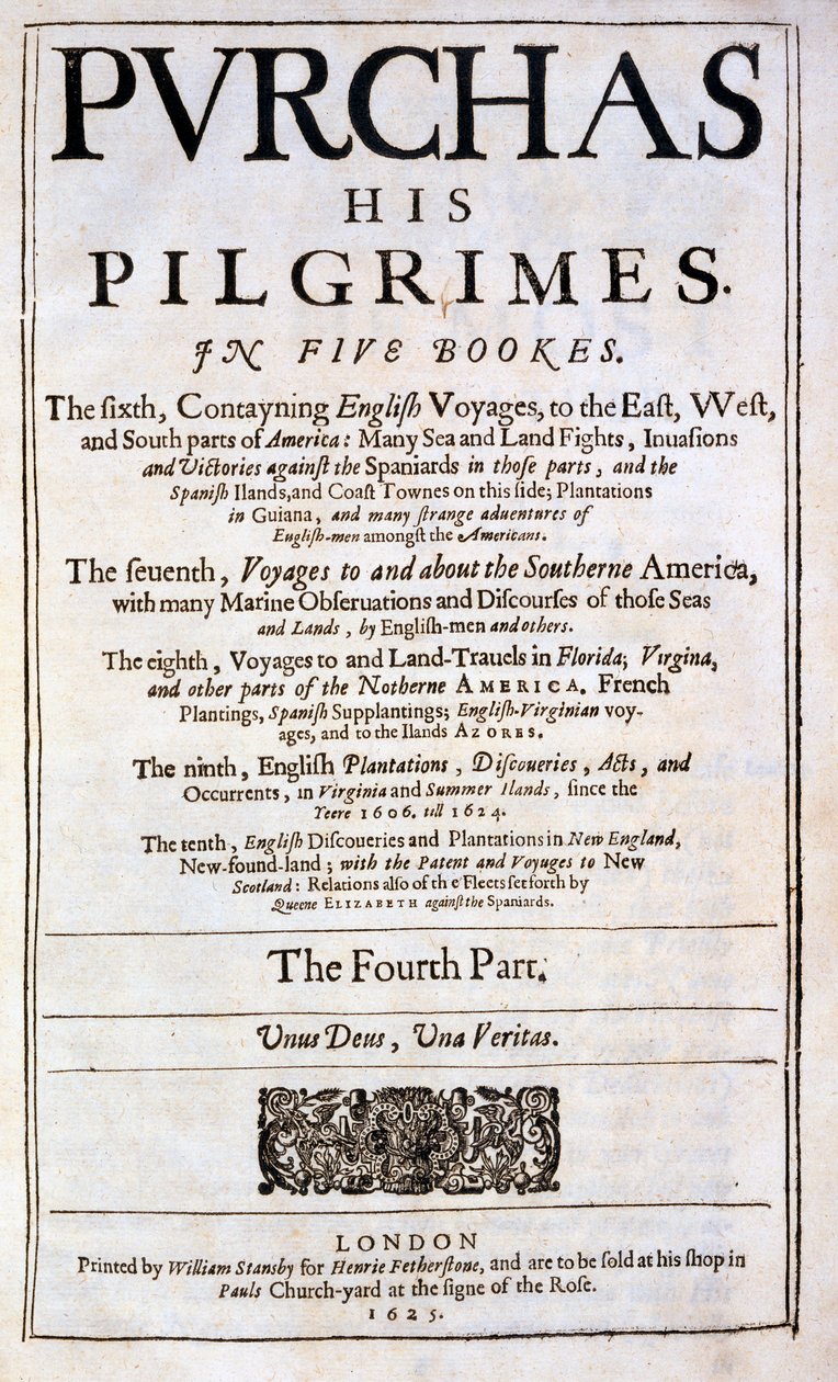 Strona tytułowa książki Samuel Purchas Purchas his Pilgrimes, opublikowana w 1625 r. autorstwa English School