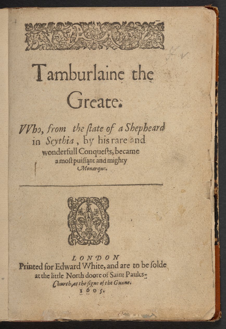 Strona tytułowa powieści Tamburlaine the Greate autorstwa Christophera Marlowe