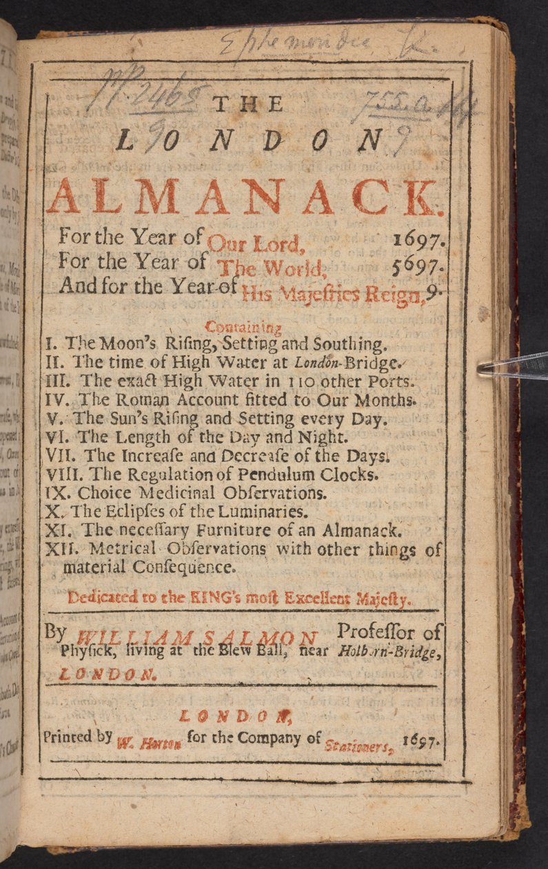 Strona tytułowa The London Almanack autorstwa Williama Salmona autorstwa English School