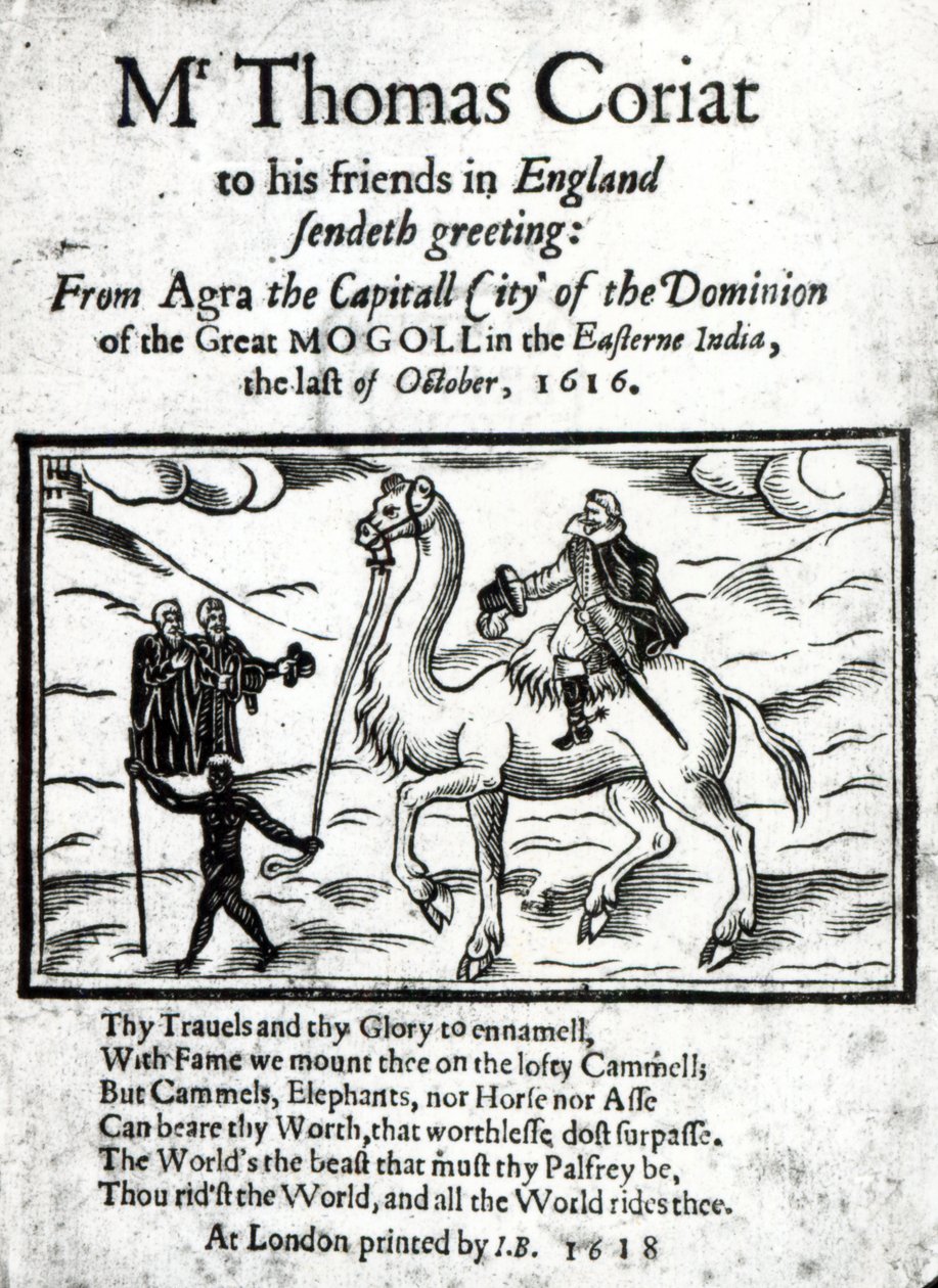 Strona tytułowa Thomasa Coryatsa wydrukowana pośmiertnie relacja z podróży po Indiach, wydana w Londynie 1618 (papier drukowany i drzeworyt) autorstwa English School