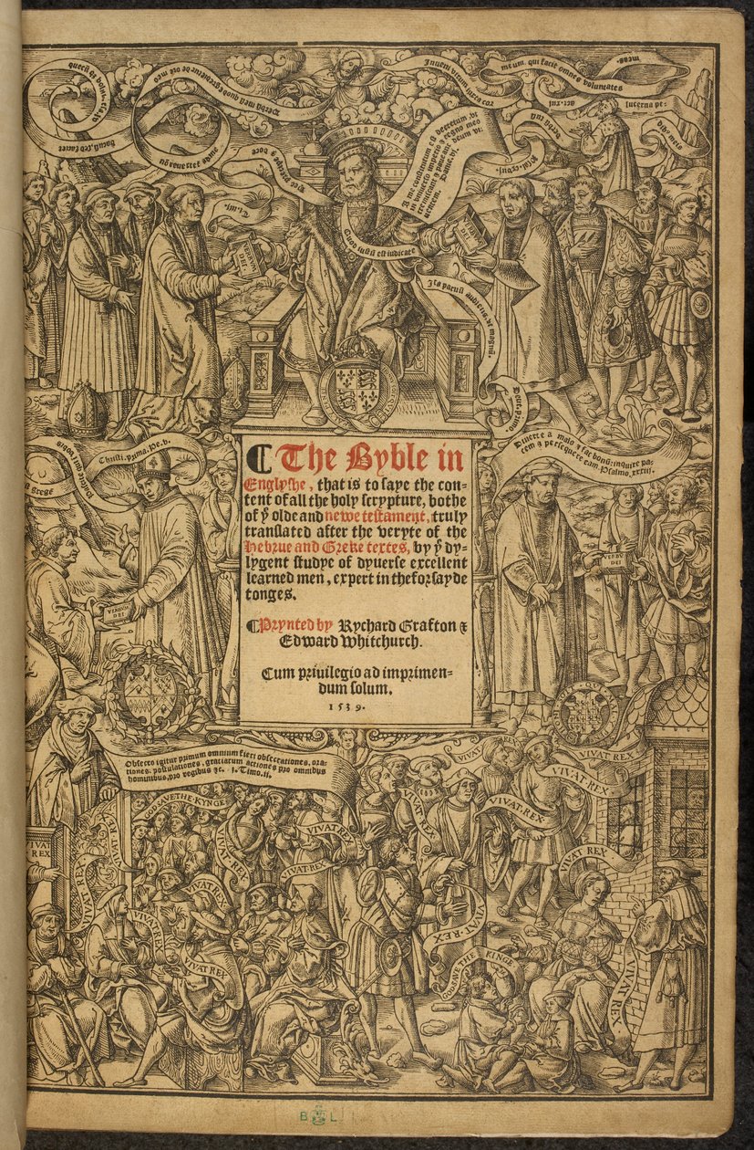 Strona tytułowa Wielkiej Biblii, czasami nazywanej „Biblią Cromwella”. autorstwa English School