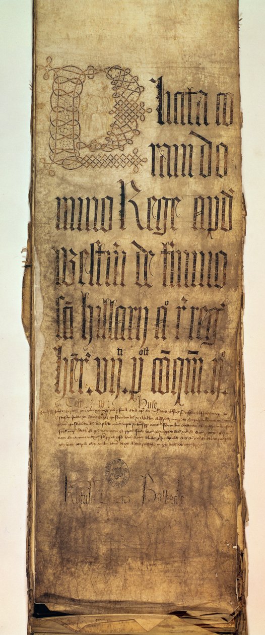 Strona tytułowa listy zarzutów ławy królewskiej za okres Hilary Term, 1487 r. autorstwa English School