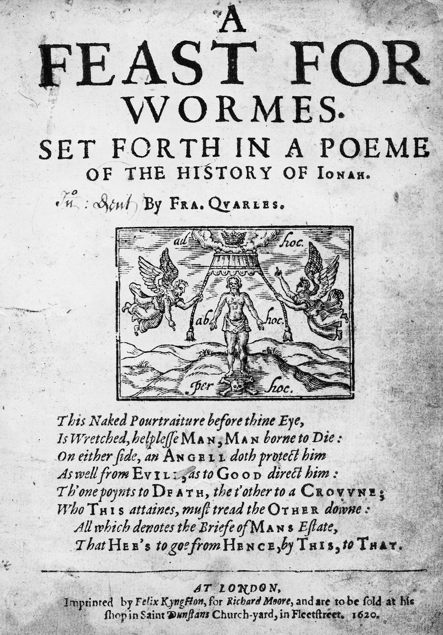 Strona tytułowa do Uczty dla robaków, przedstawionej w wierszu z historii Jonasza Francisa Quarlesa, 1620 autorstwa English School