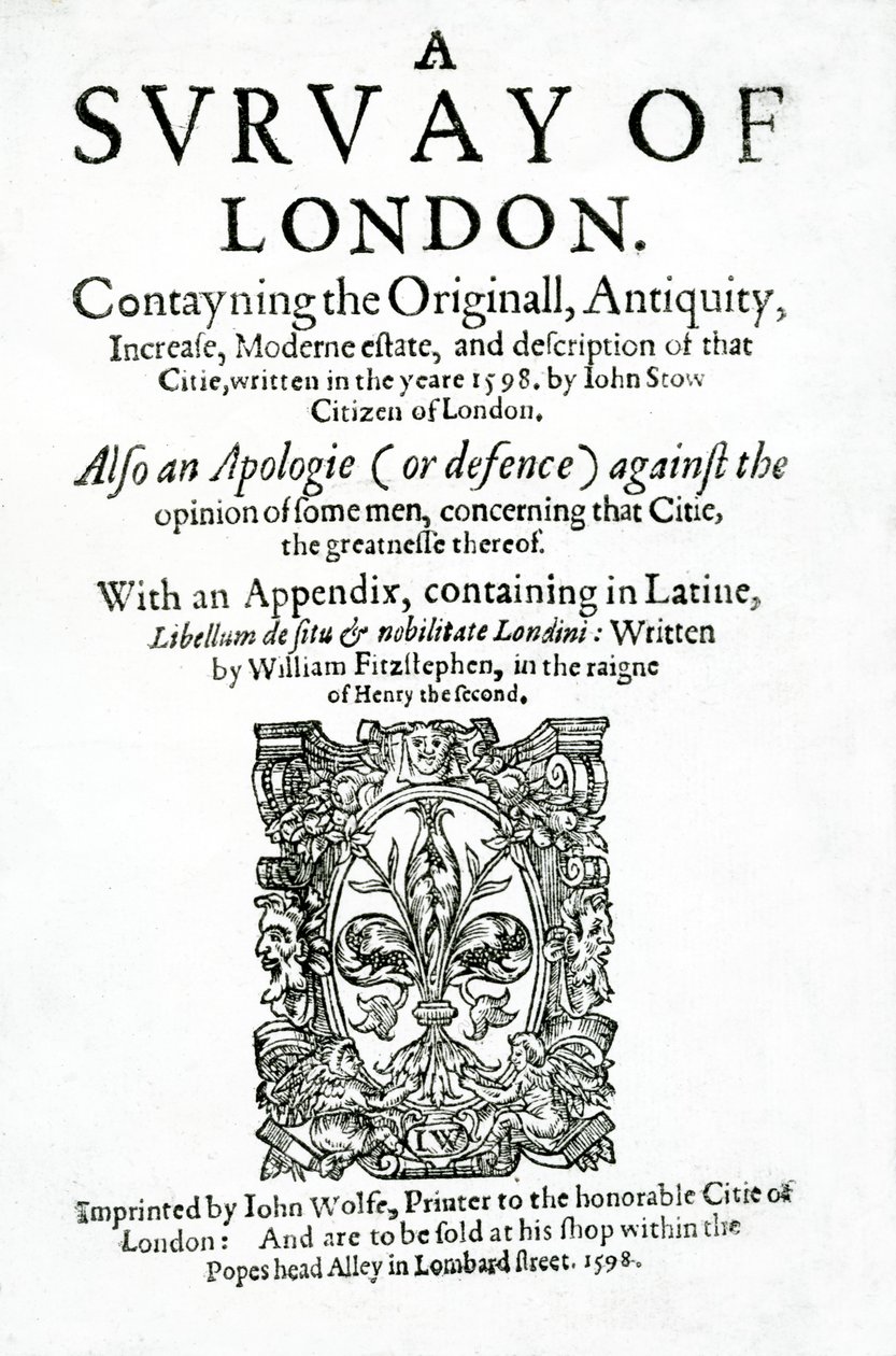Strona tytułowa do A Survey of London autorstwa Johna Stow, opublikowanej w 1598 (papier drukowany) autorstwa English School
