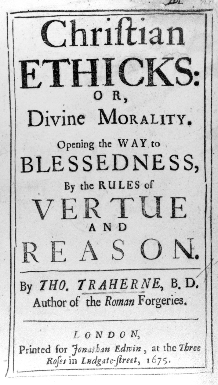 Strona tytułowa do Etyki chrześcijańskiej autorstwa Thomasa Traherne, opublikowanej w 1675 r. autorstwa English School