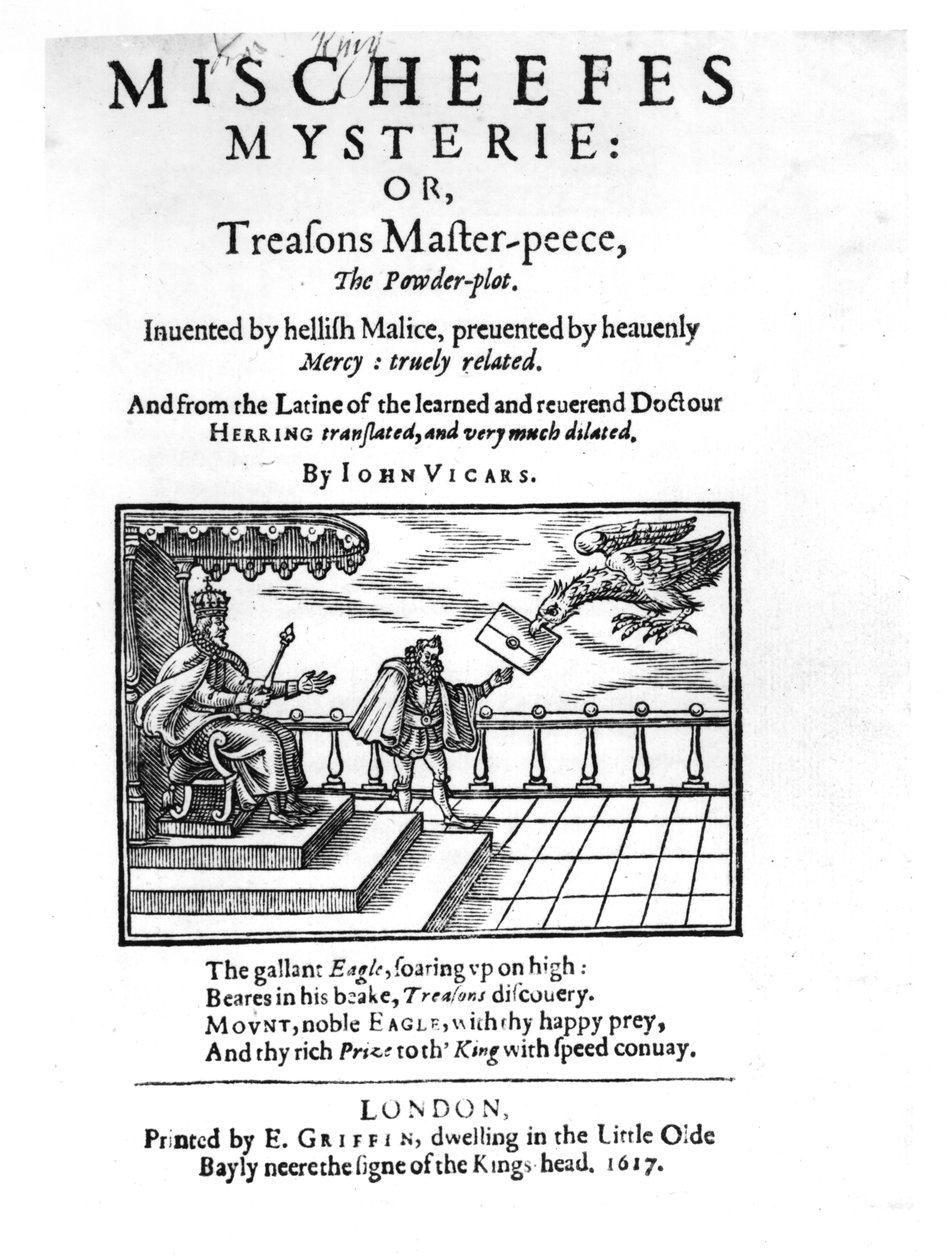 Strona tytułowa do Mischeefes Mysterie or Treasons Master-peece, the Powder-plot, John Vickers, 1617 autorstwa English School
