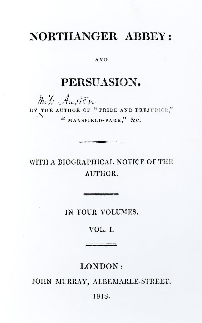 Strona tytułowa do Opactwa Northanger i perswazji autorstwa Jane Austen, pierwsze wydanie, 1818 r autorstwa English School