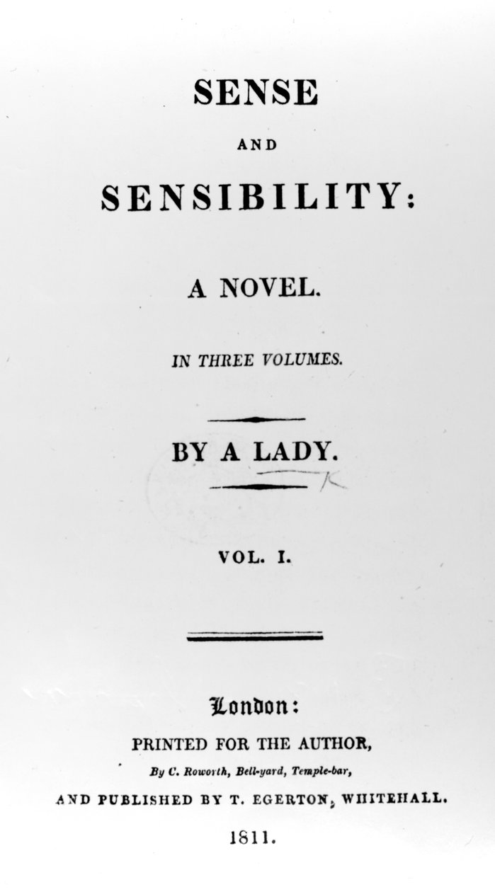 Strona tytułowa do Rozważnej i romantycznej Jane Austen, pierwsze wydanie, 1811 autorstwa English School