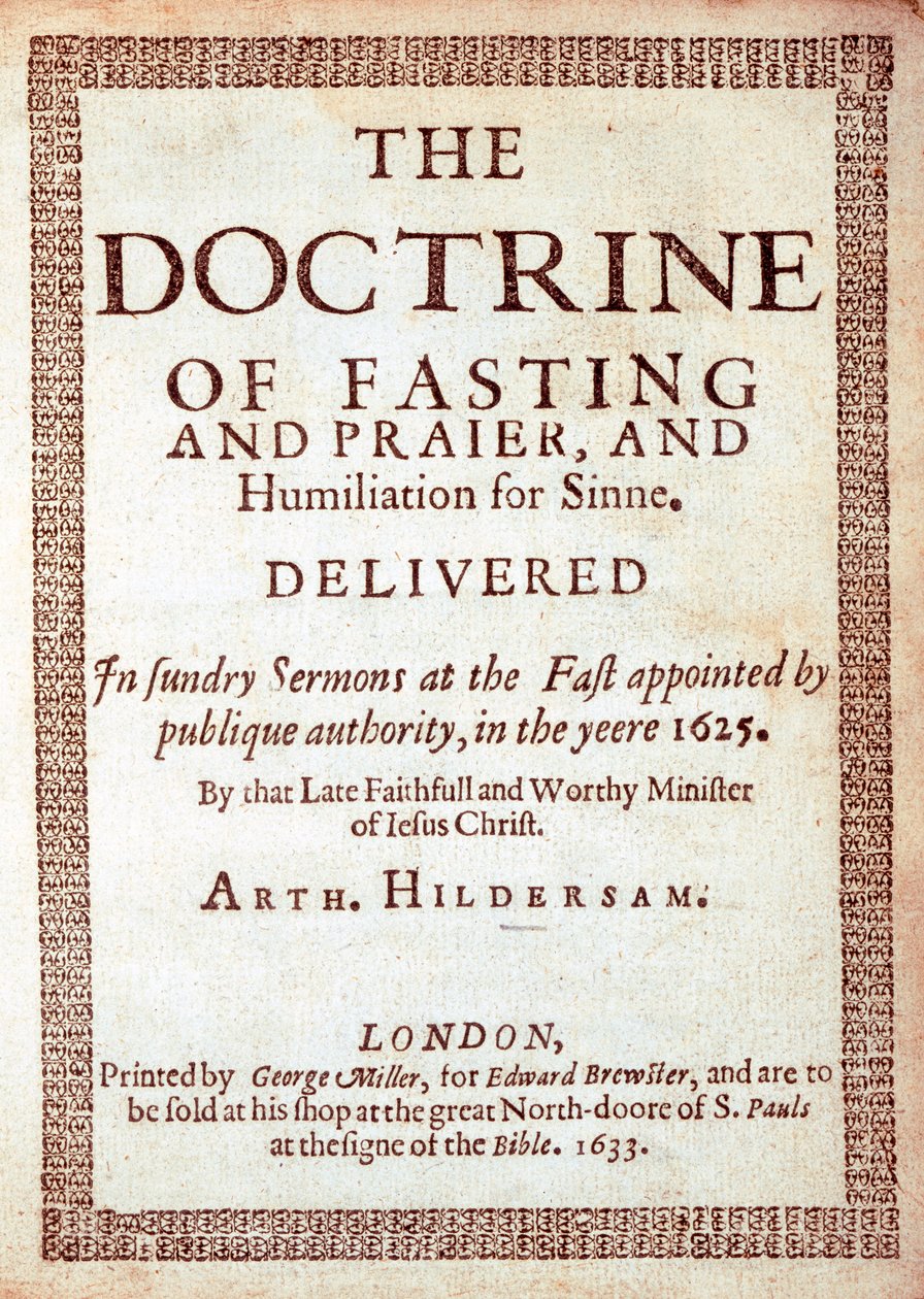 Strona tytułowa do Doktryny postu Arthura Hildersama, 1633 (druk) autorstwa English School