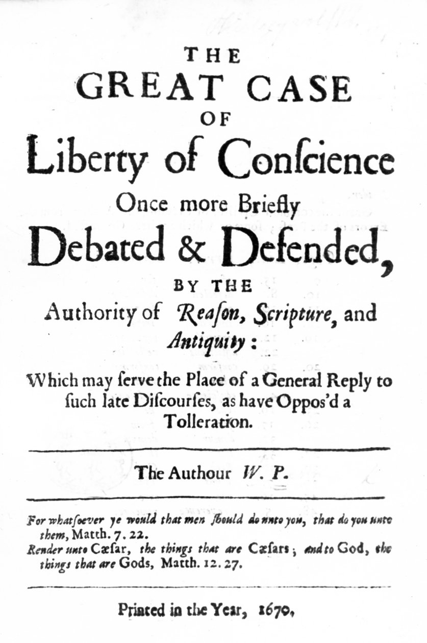 Strona tytułowa do The Great Case of Liberty of Conscience Williama Penna, opublikowanej w 1670 r autorstwa English School