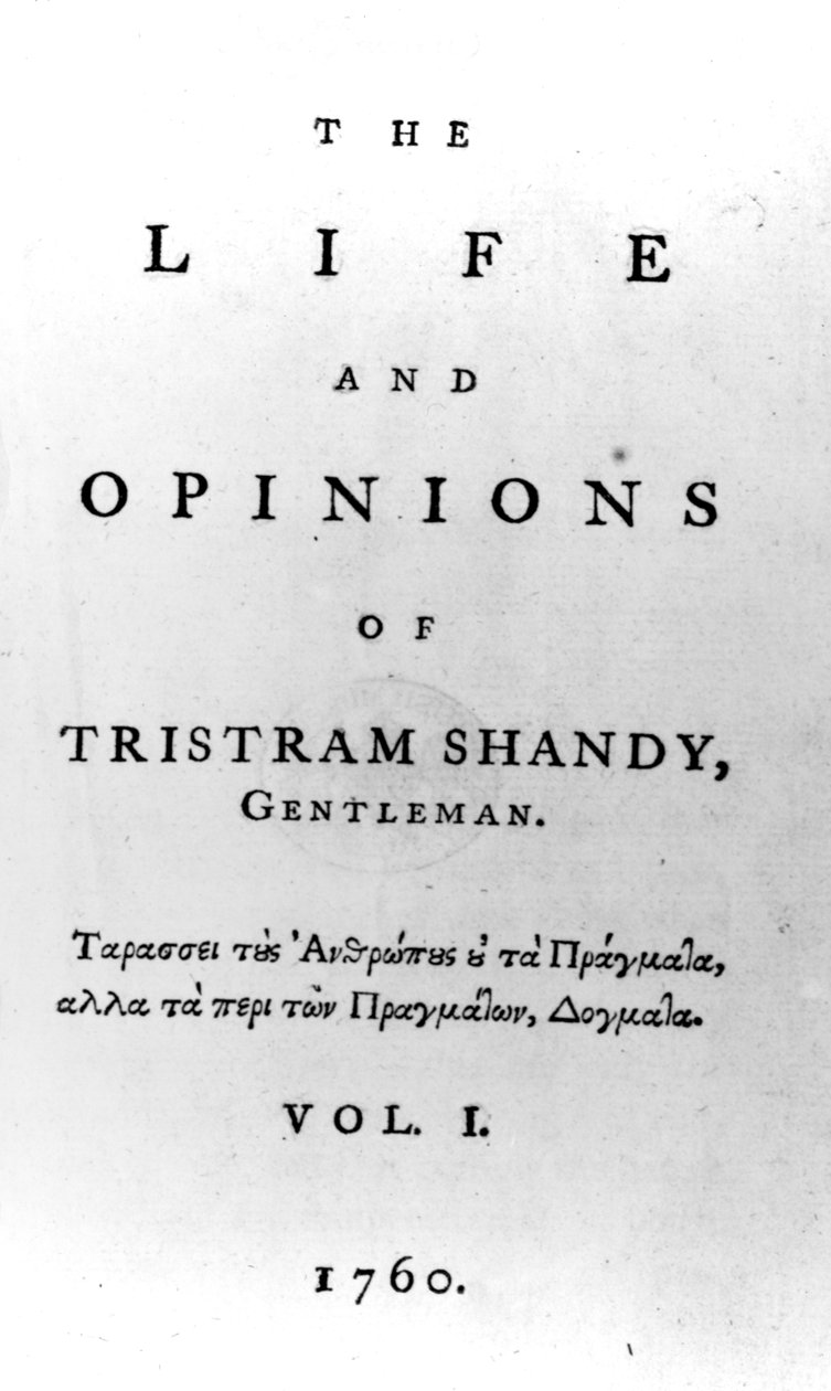 Strona tytułowa do The Life and Opinions of Tristram Shandy, Gentleman autorstwa Laurence Sterne, opublikowanej w 1760 r. autorstwa English School