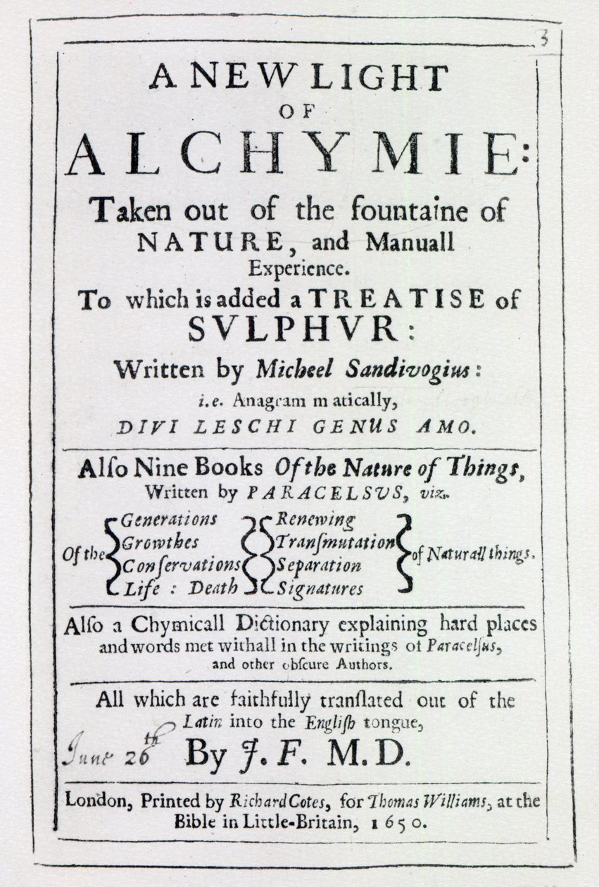 Strona tytułowa do angielskiego wydania A New Light on Alchemy Michała Sędziwoja, 1650 (druk) autorstwa English School