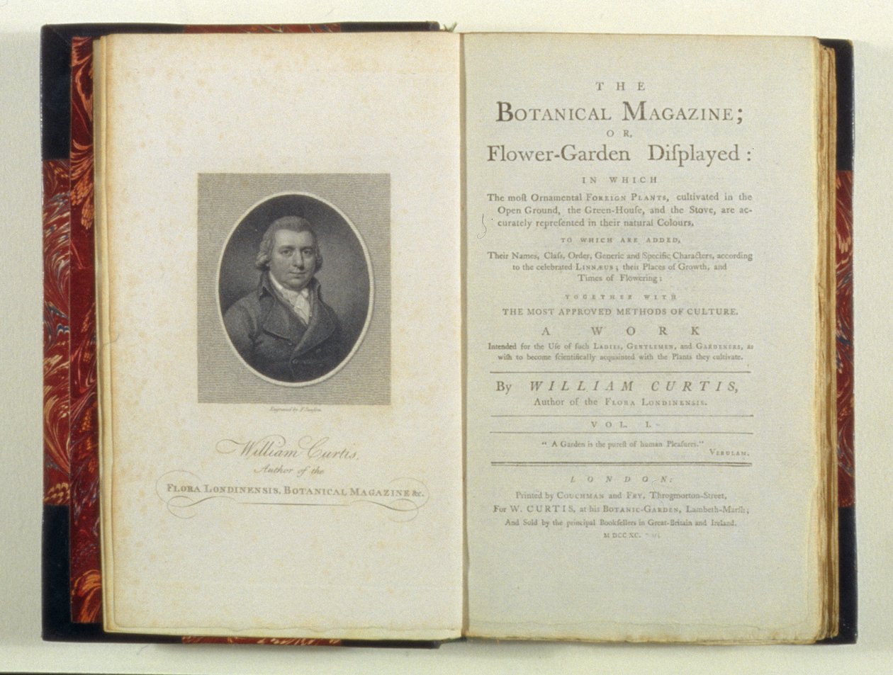 Strona tytułowa z portretem Williama Curtisa (1749-99), z The Botanical Magazine or Flower-Garden Displayed, autorstwa Williama Curtisa, opublikowana 1790 autorstwa English School