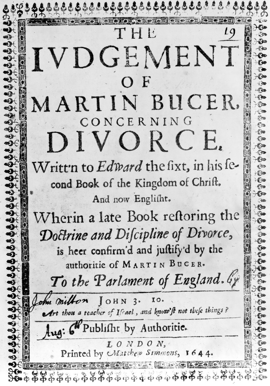Strona tytułowa z Wyroku Martina Bucera w sprawie rozwodu Johna Miltona, opublikowanego w 1644 r. (druk) autorstwa English School
