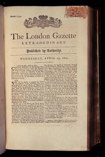 Strona tytułowa „The London Gazette” autorstwa English School