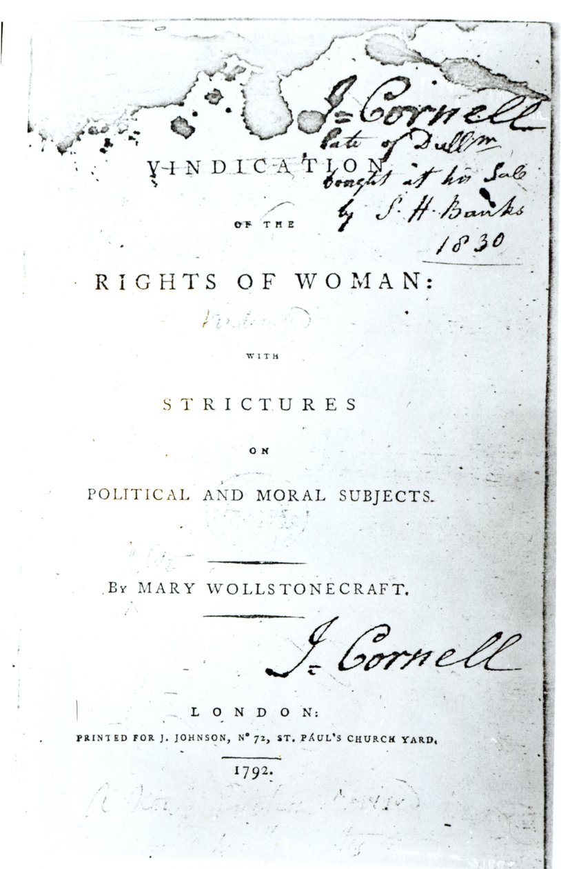 Strona tytułowa „Rewindykacja praw kobiety” Mary Wollstonecraft, opublikowana w 1792 r. autorstwa English School