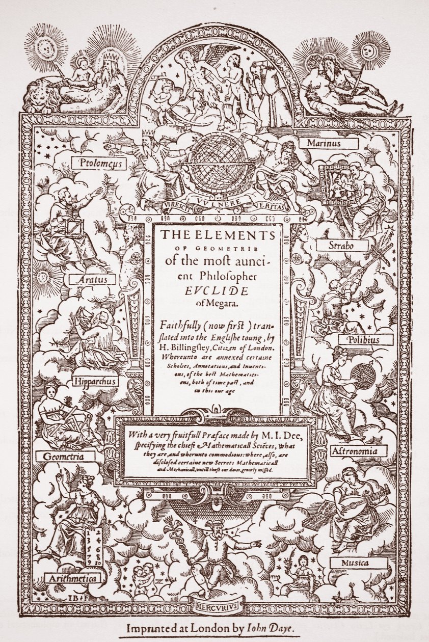 Strona tytułowa wczesnego tłumaczenia Elementów Euklidesa, wydrukowana przez Johna Daya, Londyn, 1570-71 autorstwa English School
