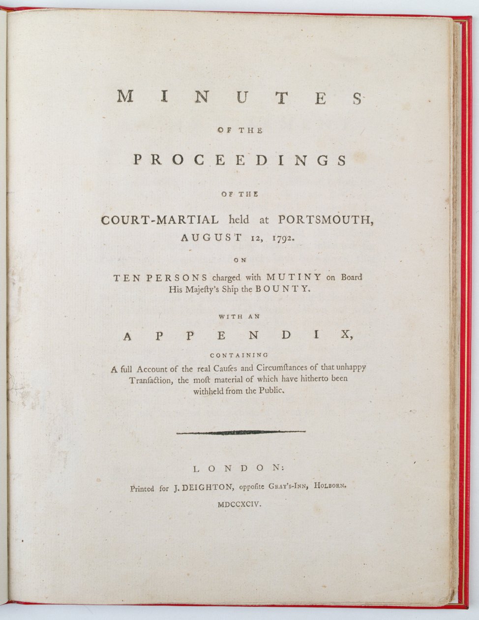 Strona tytułowa protokołu z rozprawy sądu wojskowego w Portsmouth, 12 sierpnia 1792, opublikowane w Londynie 1794 (druk) autorstwa English School