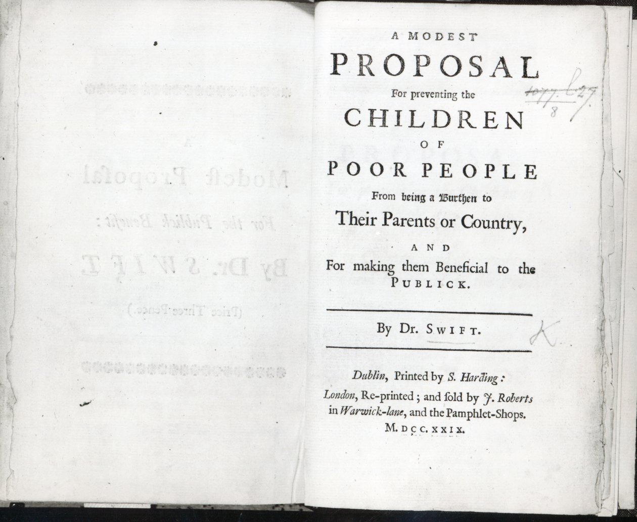 Strona tytułowa do A Modest Proposal autorstwa Jonathana Swifta, opublikowanej w 1729 roku (druk) autorstwa English School
