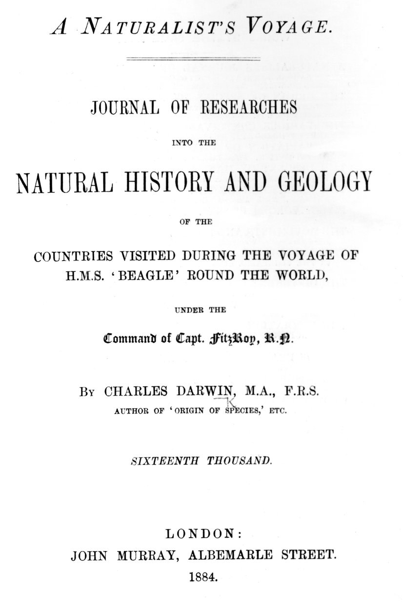 Strona tytułowa do A Naturalists Voyage Around the World Charlesa Darwina, wydanie opublikowane w 1884 r. (papier drukowany) autorstwa English School