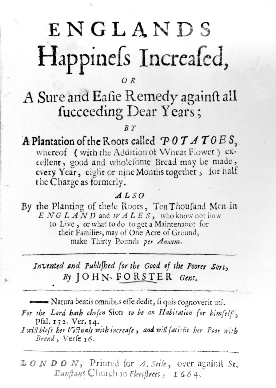 Strona tytułowa do Englands Happiness Increased autorstwa Johna Forstera, opublikowana w 1664 r. (papier drukowany) autorstwa English School