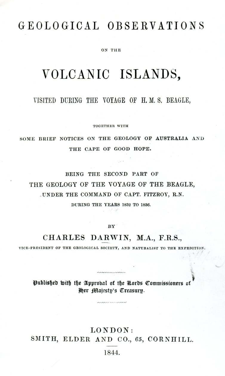 Strona tytułowa do obserwacji geologicznych na wyspach wulkanicznych Karola Darwina, 1844 (papier drukowany) autorstwa English School