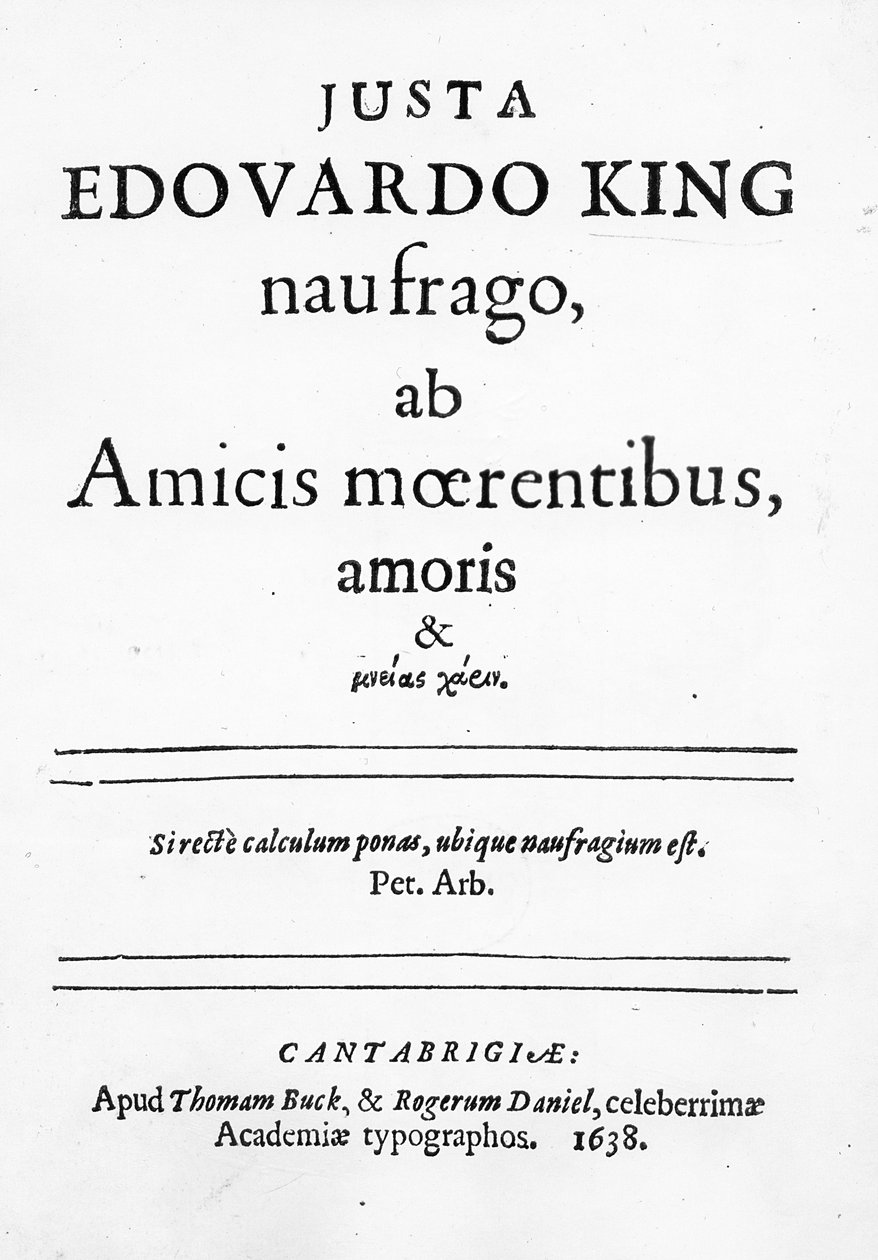 Strona tytułowa do Justy Edward King, rozbitka przyjaciela rozbitków z żałobników miłości i ... , opublikowana 1638 (druk) autorstwa English School