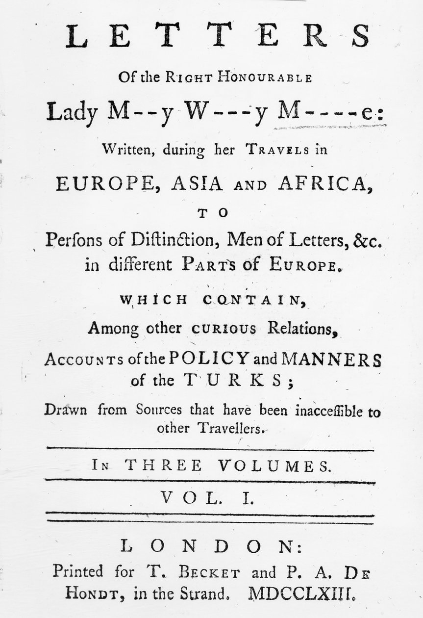 Strona tytułowa do Listów Szanownej Pani Marii Wortley Montagu, pisanych podczas jej podróży po Europie, Azji i Afryce, wydanych w 1763 r. (druk) autorstwa English School