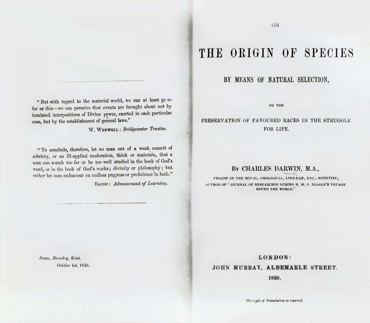 Strona tytułowa książki O powstawaniu gatunków Karola Darwina, opublikowanej w 1859 r. autorstwa English School