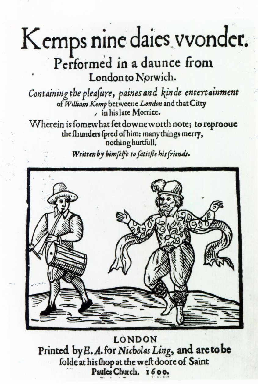 Strona tytułowa do Williama Kempsa Nine Days Wonder, opublikowana w 1600 r. autorstwa English School