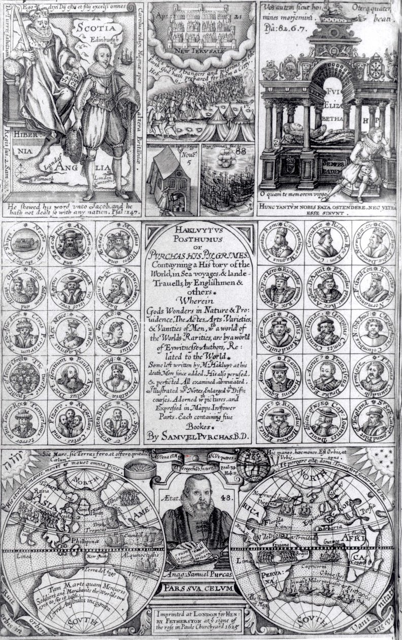 Strona tytułowa pierwszego wydania Hakluytus Posthumus or Purchas His Pilgrimes, wydanego w 1625 r. autorstwa English School